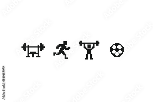 Pixel art icons representing fitness activities like weightlifting, running, and soccer