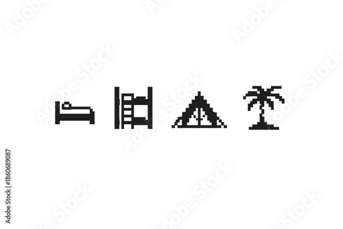 Pixel art icons representing different lodging options: bed, bunk bed, tent, and palm tree