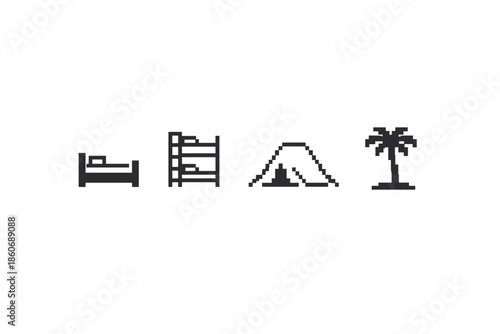 Pixel art icons representing different types of accommodation and a palm tree