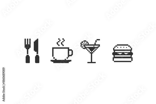 Pixel art icons of food and drink items including cutlery, coffee, cocktail, and burger