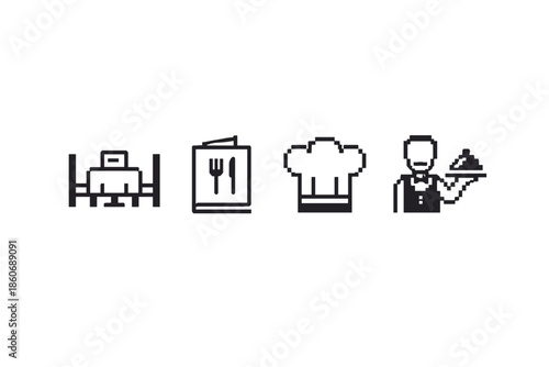 Set of pixel art icons representing restaurant services and staff
