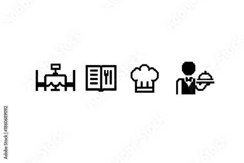 Restaurant service icons: dining table, menu, chef hat, and waiter with tray