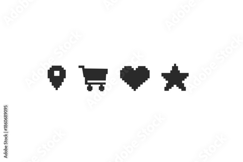 Pixel art icons for location, shopping cart, heart, and star on a white background