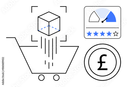 E-commerce concept. E-commerce with shopping cart, product rating, and currency icon. E-commerce trends for digital marketing, online shopping, consumer behavior, UX design, and retail sales