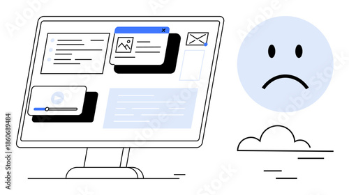 Digital overload. Digital overload as a cluttered screen with windows and a sad emotion, stress from excessive tech use. For mental health, work-life balance, tech stress, productivity apps, digital