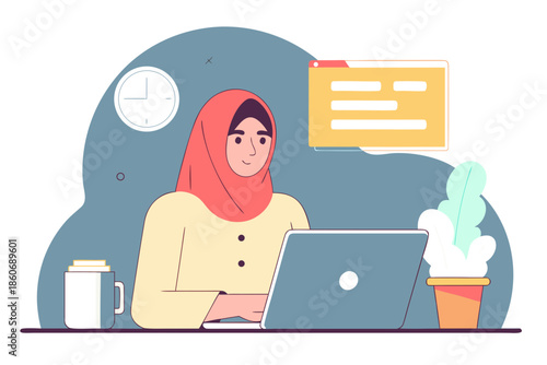 muslim woman in hijab working in an office with a laptop