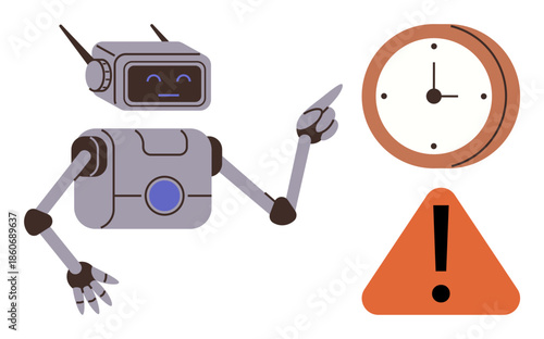 Robot gesturing toward a clock and a triangular warning sign, emphasizing punctuality, automation, and caution. Ideal for efficiency, process optimization, reminders, deadlines, safety AI and risk