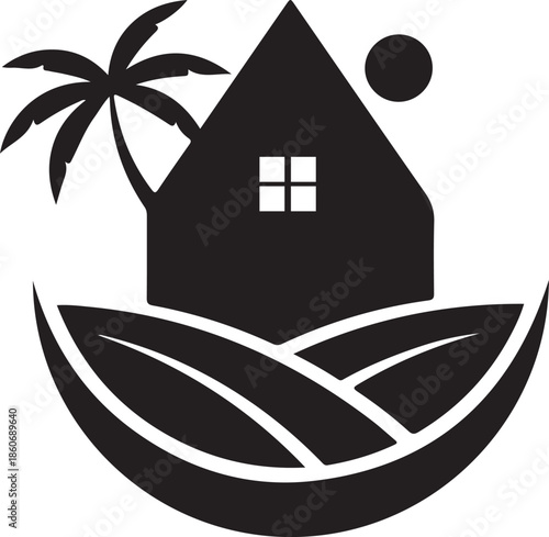 Eco-friendly tropical house logo design featuring a palm tree, sun, and nature's embrace