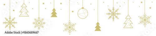 Christmas and New Year garland with golden balls, snowflakes and Christmas tree on the transparent background. 