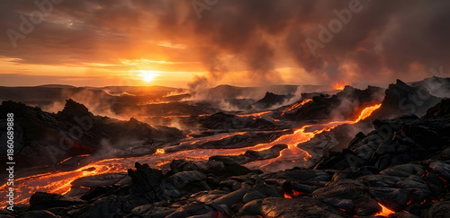 Prehistoric Devonian Volcanic Landscape with Lava Rivers at Sunset