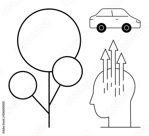 Abstract concepts. Abstract design combining a tree, human mind with upward arrows growth, and a car. Abstract thought, progress, transportation. For creativity, progress innovation and growth
