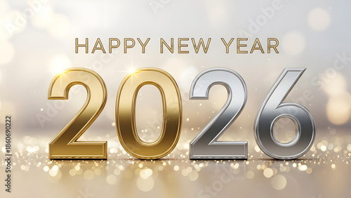 Happy new year 2026 gold and silver numbers on shiny background