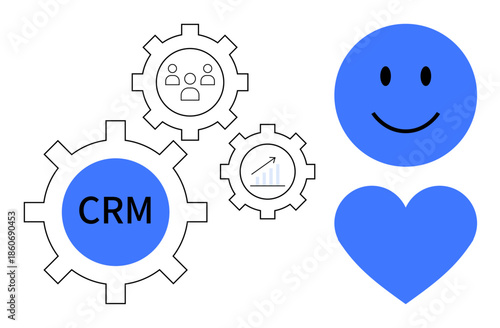 CRM concept. CRM processes improve customer relationships with gears, graphs, and happy face. CRM enhances satisfaction and loyalty. Great for business, marketing, loyalty programs, customer