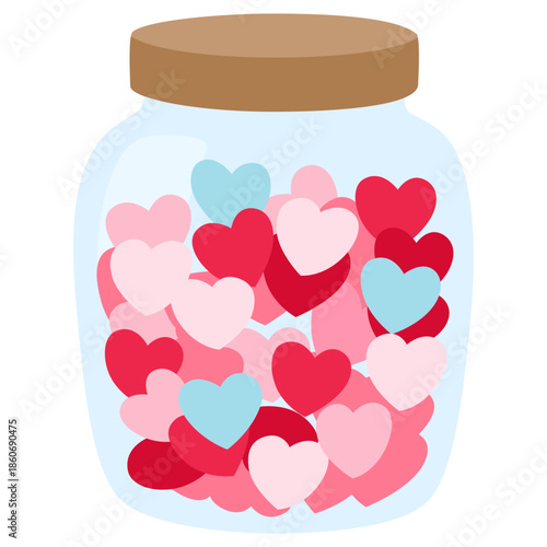 Glass jar with hearts inside, isolated on white background. Flat vector illustration. Aesthetics love design for 14 February holiday.