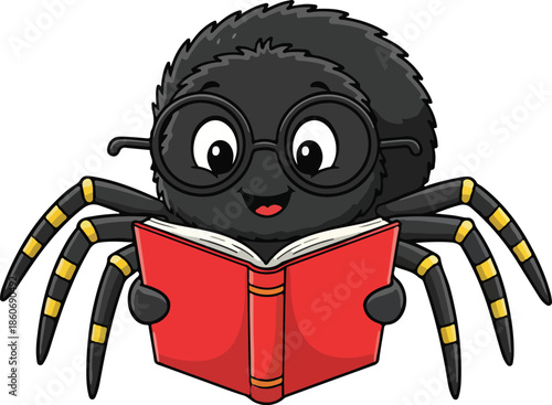 A cute cartoon spider wearing glasses and happily reading a red book