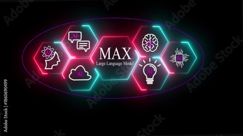 Large Language Model ( MAX) AI Concept with Neon Futuristic Technology Network on black background .   Motion graphics of large language model idea. digital transformation.