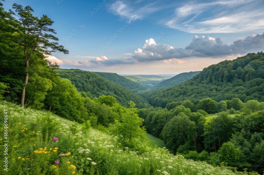 Fototapeta premium View of a Green Valley With Trees and Flowers Under a Cloudy Sky at Sunset