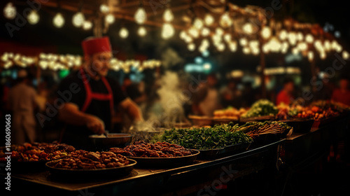 colorful street food stalls in an open-air market at night
