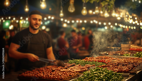 colorful street food stalls in an open-air market at night