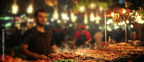 colorful street food stalls in an open-air market at night