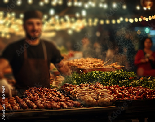 colorful street food stalls in an open-air market at night