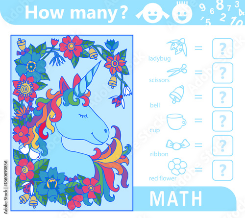 Unicorn with flower frame. Counting math game for kids. Educational mathematics puzzle. Count how many objects are in the picture and write the result. Sketch vector illustration
