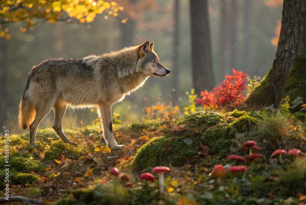 Fototapeta premium Wolf Walking Through a Forest With Colorful Leaves and Mushrooms