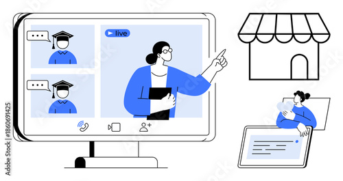 Online learning concept. Online learning connects students and teachers globally via virtual methods. Online learning improves access to education and supports innovation. For schools, businesses
