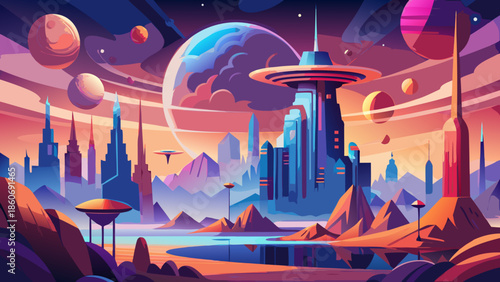 Very beautiful abstract vector of an alien civilization skyline under strange skies, minimalist shapes and imaginative sci fi atmosphere.