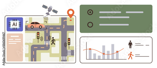 Smart city design with AI chip, traffic lights, pedestrians, satellite, charts, and navigation systems. Ideal for technology, urban planning, transportation automation data analytics innovation