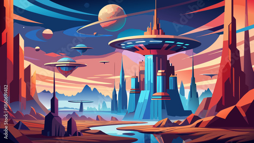 Very beautiful abstract vector of an alien civilization skyline under strange skies, minimalist shapes and imaginative sci fi atmosphere.