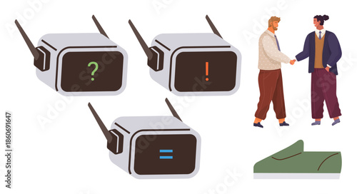 Robots with different symbols discuss concepts, two people shake hands symbolizing agreement, and a green abstract object adds context. Ideal for teamwork, innovation, collaboration, problem-solving