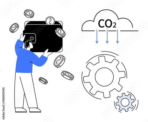 Sustainability, carbon reduction, finance, eco-friendly technologies, environmental impact, energy savings. Person holding a wallet, coins cloud CO2 emissions mechanical gears. Sustainability