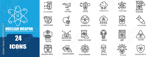 Nuclear  weapon line editable icon set. Contain icons related to Nuclear, atom, radioactive, radiation, nuclear plant, bomb, and more.Vector illustration. Editable stroke