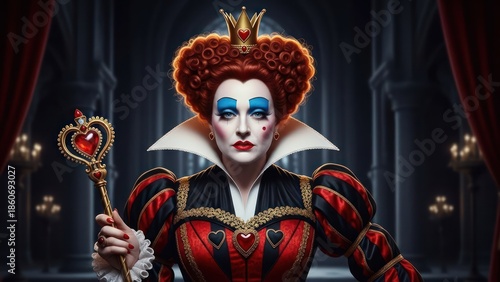 Majestic Red Queen portrait with heart motif in dark fantasy palace background