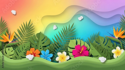 Exotic paper cut tropical scene vibrant layered foliage and floral wonderland scene