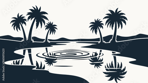 Palm Trees Surrounding a Serene Water Pond.