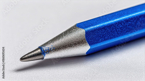 Extreme Close-up of Metallic Blue Ballpoint Pen Tip on White Paper