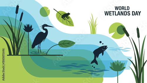 Wetlands Illustration with Birds and Fish.