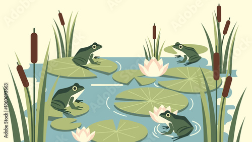Four Frogs Sitting on Lily Pads.