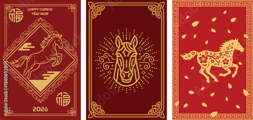 Chinese New Year 2026 Year of the Horse Festive Designs Red and Gold Illustrations with Traditional Symbols for Celebrations and Greetings