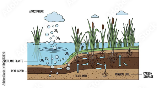 Wetland Ecosystem Diagram with Labeled Components.