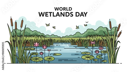Wetlands Illustration with Water Lilies and Birds.