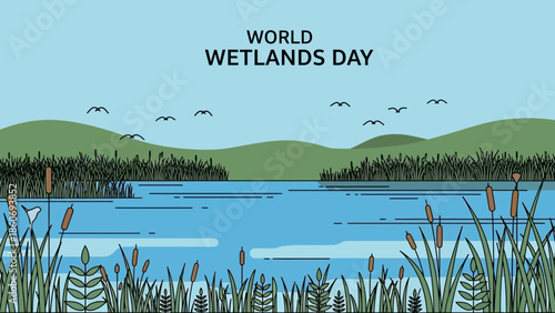 Wetlands Landscape with Reeds and Birds.