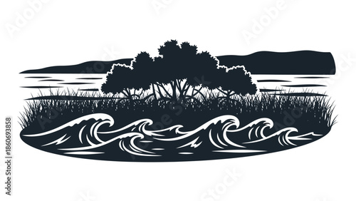 Black and White Ocean Waves Illustration.