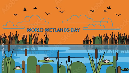 Wetland Scene with Water Lilies and Birds.