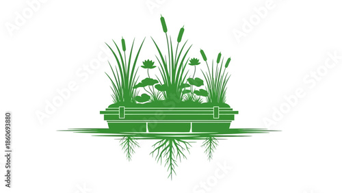 Green Water Lilies and Reeds Illustration.