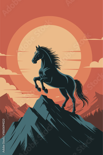 Chinese New Year 2026 Year of the Horse Illustration Black Stallion Mountain Top Sunset Background Chinese Zodiac Symbolism