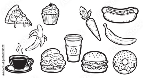 Black and white line art illustration of popular food items collection
