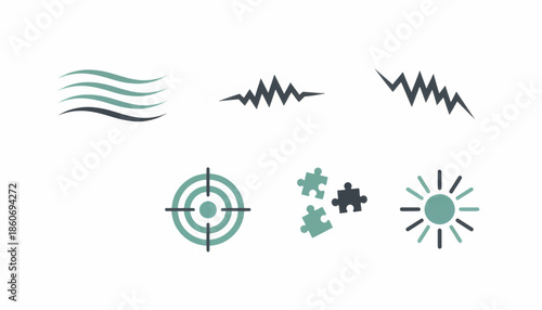 Abstract minimalist icon set. Simple flat vector symbols for nature and business concepts. Collection includes wave, pulse, lightning, target, puzzle, and sun